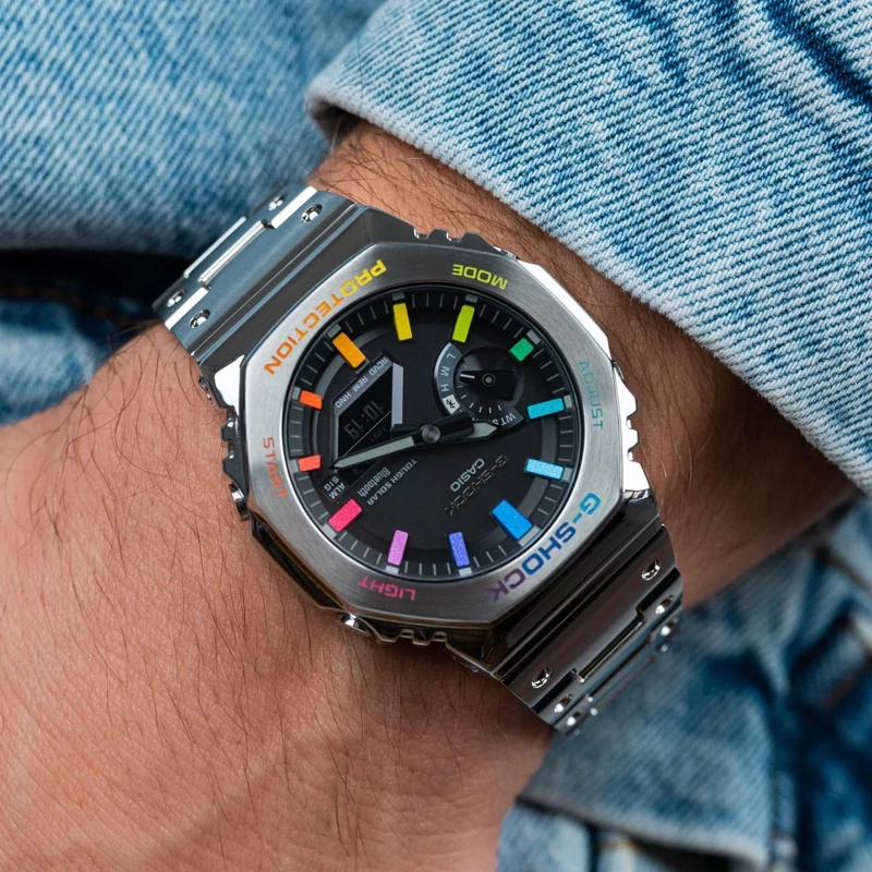 ساعت  مچی جی شاک GA 2100 بند فلزی استیل اندکس رنگی (جیشاک GShock) تنظیم اتوماتیک با پایتخت کشورها،اتولایت،رنگ ثابت