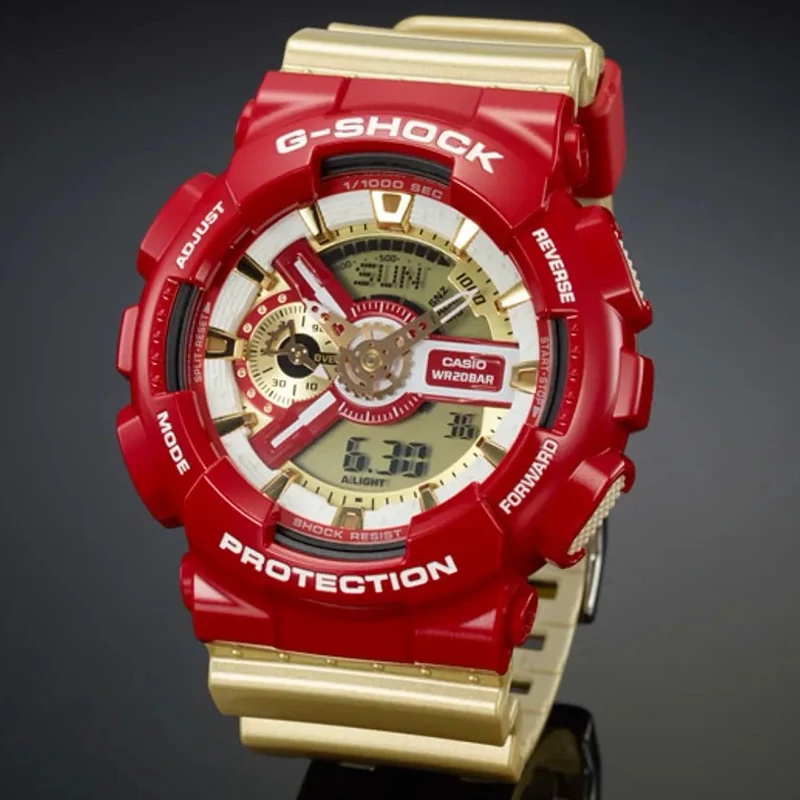 ساعت مچی جی شاک GA-110CS-4ADR  (جیشاک GShock) ، صد در صد ضدآب ، تنظیم اتوماتیک با پایتخت کشورها ، اتولایت دار