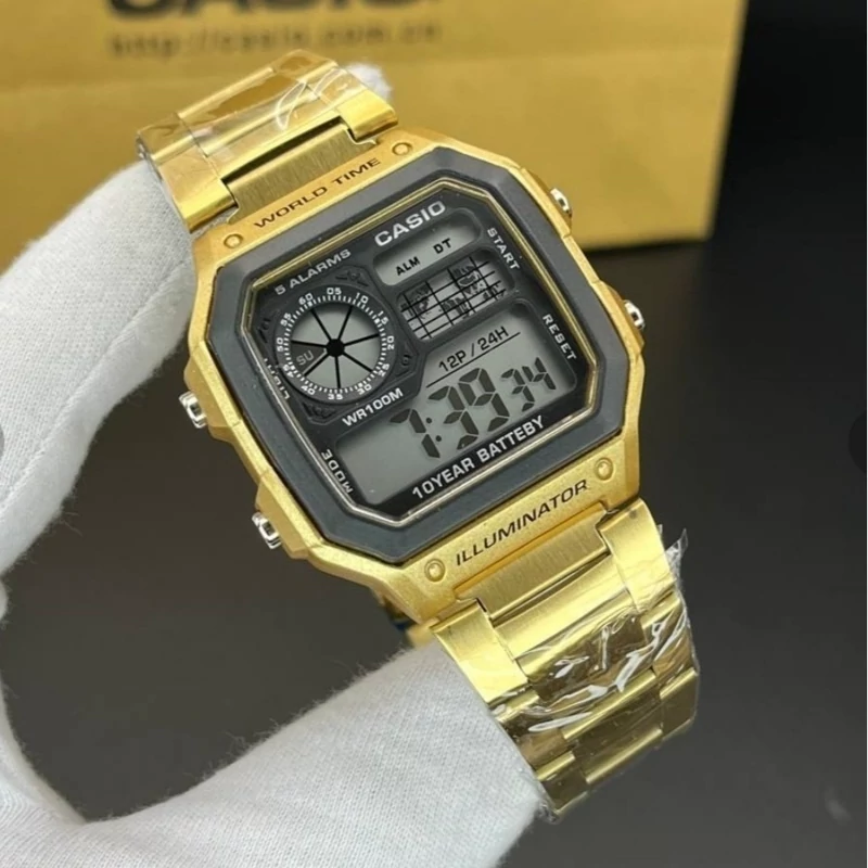 ساعت مردانه Casio مدل جهان نما رنگ طلایی